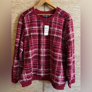 Karen Scott Paint Splatter Stripe Fleece Crewneck Sweater Garnet Red Maroon XL